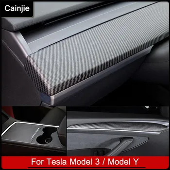 За Tesla, модел 3 Y интериорни Аксесоари от въглеродни влакна, ABS, поддръжка на централната конзола на автомобила, покриване на арматурното табло и стикери за украса на врати
