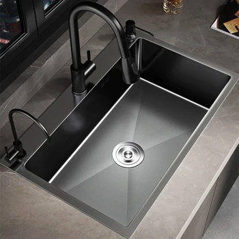 Нова кухненска мивка с горни стена от неръждаема стомана 304 с 3 дупки, единична купа, тъмно черно-сиво мивка за домашно тела, аксесоари за източване