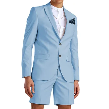 Случайни Години Light Blue Мъжки костюм С Къси Панталони, Смокинг на Младоженеца от 2 теми, с Плажна Сватбена Рокля, Костюм Homme Mariage (Сако + Панталон)