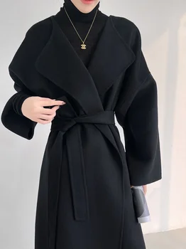 Дизайнерско усещане за Голямо камила двустранно кашемировое палта с ревери за жени двубортное свободно вълна палто със средна дължина, дебелина, mm