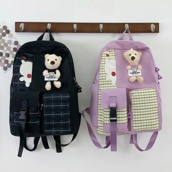 Решетеста сладък мечка, женствена чанта за книги, модерен спортен раница с голям капацитет, японски стил, регулируема презрамка, найлон за момичета