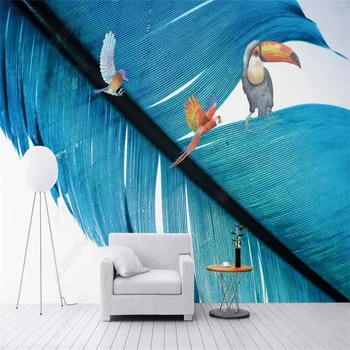 Модерен минималистичен син папагал с пера по поръчка, начало декор, 3D фотообои, интериор за спални, тапети Papel De Parede 3D
