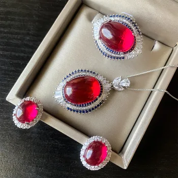 Висококачествен натурален гълъб червен рубин с овална кройка, мед огърлица, медальон, пръстен, обици, луксозни бижута за жени, сватбен подарък
