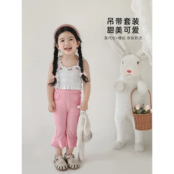 Комплект детски панталони на подтяжках, корейски монофонични топ за момичета, летни разнообразни ежедневни панталони за деца