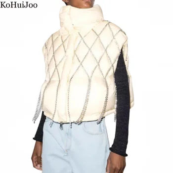 Kohuijoo градинска облекло Модерен жилетка с тежки кристали и пискюли, зимна жилетка за жени, свободно палто без ръкави, с веригата, сако голям размер, бял