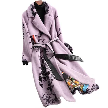 Зимно елегантно дълго палто, вълнена лилав цвят с принтом, женски гъст топло с колан, благородна свободна дамски връхни дрехи от смесовой тъкан