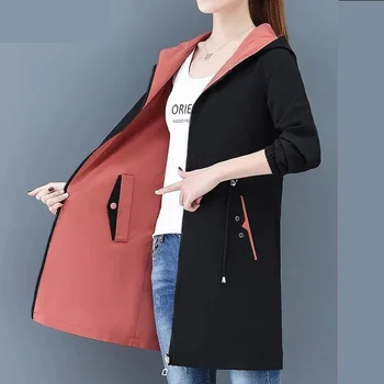 2023 Новата есенна ветрозащитная дамско яке, женски палто с качулка, основни ежедневни якета, двустранен дрехи, тренч средна дължина, връхни дрехи