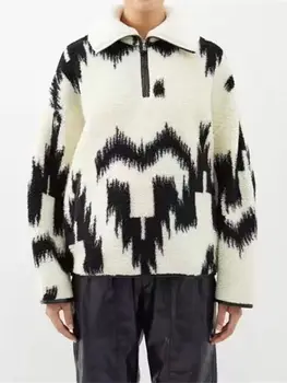 Есен-зима 2023, 2 цвята, женски жаккардовое палто с геометричен модел, отложной яка с цип, женски свободен пуловер от изкуствена кожа, якето