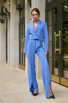 Синьо женски костюм, кратък блейзър + разкроена панталони с цепка, дизайнерски лятна яке, палто, една модерна вечерна рокля за бала, сшитое по поръчка