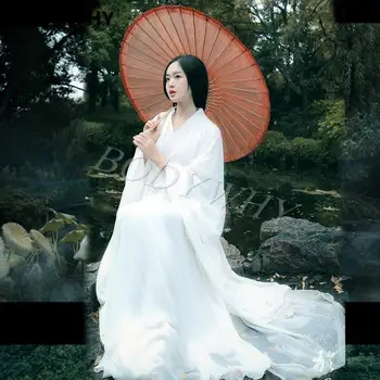 Елегантна секси бяла рокля в ретро стил, най-дългата китайска древна облекло феи, рокля Hanfu Tang, костюм за cosplay