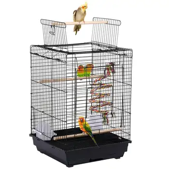 Клетка за птици с отворен покрив, малка клетка за папагал, с играчка, черна