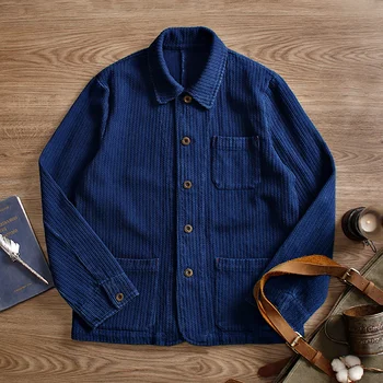 Карго индиго, мъжки реколта тежък памучен работно облекло, която е боядисана в син цвят, яке за инструменти, френски ретро жилетка с множество джобове, палто