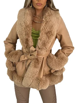 Дамско кожено яке с отворена предна част, всекидневни плюшена жилетка с колан, връхни дрехи, градинска облекло