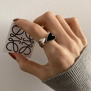 Пънк творчески пръстени с черни сърца, за жени, мъже корейски модни пръстени с двойно сърце за двойки, 2023 модни аксесоари за пръсти, бижута