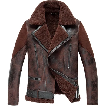 Мъжко яке от овча кожа, късо меховое палто, мотоциклетът кожена модни тънка ежедневни връхни дрехи Sjc118
