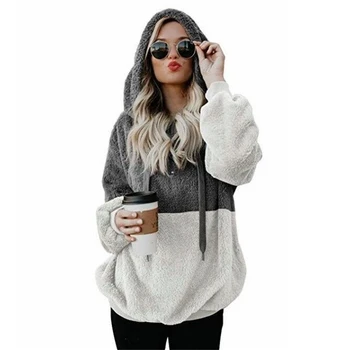2023 Зимна дамска мода, нов зимен пуловер с качулка и дълъг ръкав, дамски пуловер с цветен блок, руното яке, дамски пуловер, градинска облекло