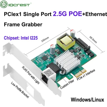 IOCREST POE Гигабитная карта С един порт, RJ-45 Gigabit PCIe x1 PoE + Ethernet Мрежова карта Frame Grabber 802.3 at Чип на Intel I225