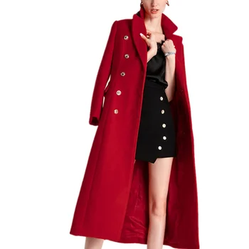 Коледа с червено палто, дамско зимно палто, вълнена 2022, винтажное елегантна OL двубортное дълга козина, приталенное винтажное палто