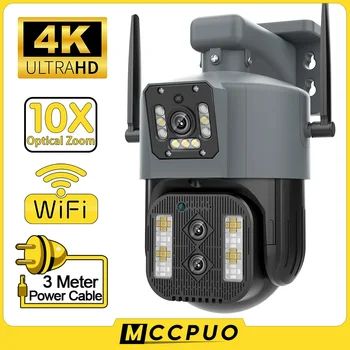 Mccpuo 4K 8MP PTZ IP камера с тройно обектив, с двоен екран, 10-кратно оптично увеличение, WiFi, външна камера за сигурност, нощно виждане, автоматично проследяване
