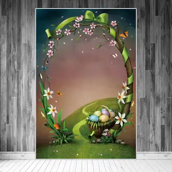 Великден фон Поставка за снимки Украса врати лък Пролетта цветя, праскова, Зелена трева яйца Потребителски фон за детска фотосесия