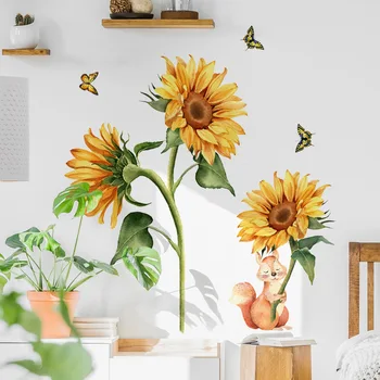 2 бр., пресни зелени растения, слънчоглед, пеперуда, стикер на стената, стикер за всекидневната, стикер на стената, на самозалепващи стенни стикер