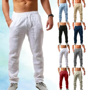 JUSTSAIYAN, мъжки нови модерни всекидневни спортни панталони с еластичен ластик на талията, памучни и ленени обикновена панталони
