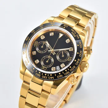 39 ММ Луксозни мъжки водоустойчив кварцов часовник от неръждаема стомана водоустойчив светещи спортни сапфирен кристал златни часовници VK63