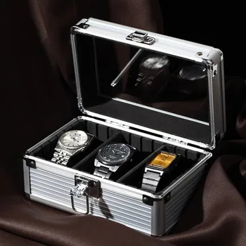 Кутия за часовник Органайзер от прозрачен алуминиева сплав, модни метална кутия за съхранение, преносим с ударопоглъщащ възглавница, подвижна преграда