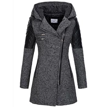 Есенно-зимни нова вълна ветровка на диагонал с цип, с качулка, женски дълъг гъст топло палто, яке с памучна подплата, дамско палто