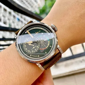 Reef Тигър/RT Военни часовници от черна стомана за мъже с каишка от естествена кожа, часовници-автопилот с датата на RGA3019