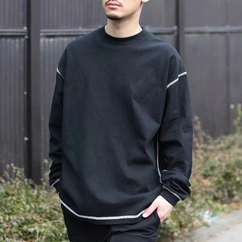 Тениска BEAMS JAPAN с дълъг ръкав черна на цвят с надпис Bright Line Day приливи и отливи, свободни топове голям размер Cityboy Hundred