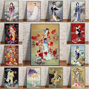 Япония Японската жена-гейша Живопис аниме плакат отпечатва художествена живопис стенопис Платно стенни картини за вашия интериор дневна